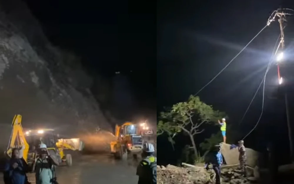 फ्लड लाइट जडान गरेर राति पनि तुईन खोलाको पहिरो हटाइदै