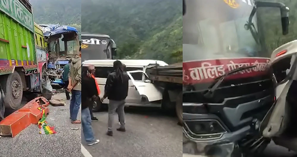 नारायणगढ-मुग्लिन सडकखण्डमा एकसाथ सात सवारी साधन दुर्घटनामा